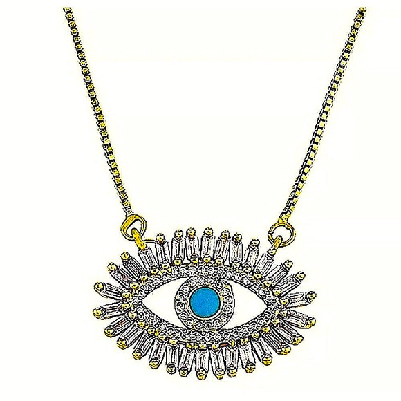 NEW Turquoise Simulated Diamond Evil Eye Necklace, 18k YG Filled, 18-20” - Picture 1 of 16
